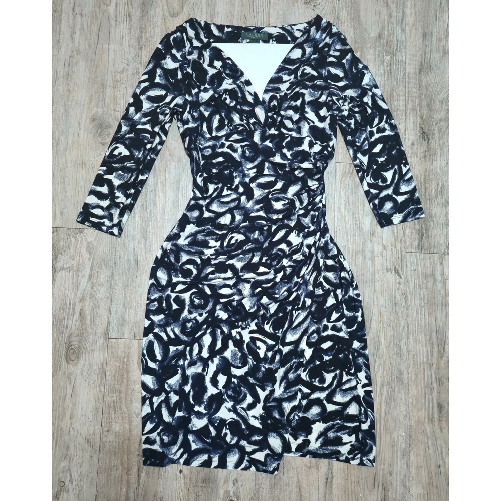 Lauren Ralph Lauren Navy Blue Abstract Floral Ruched Sheath Dress Size 4